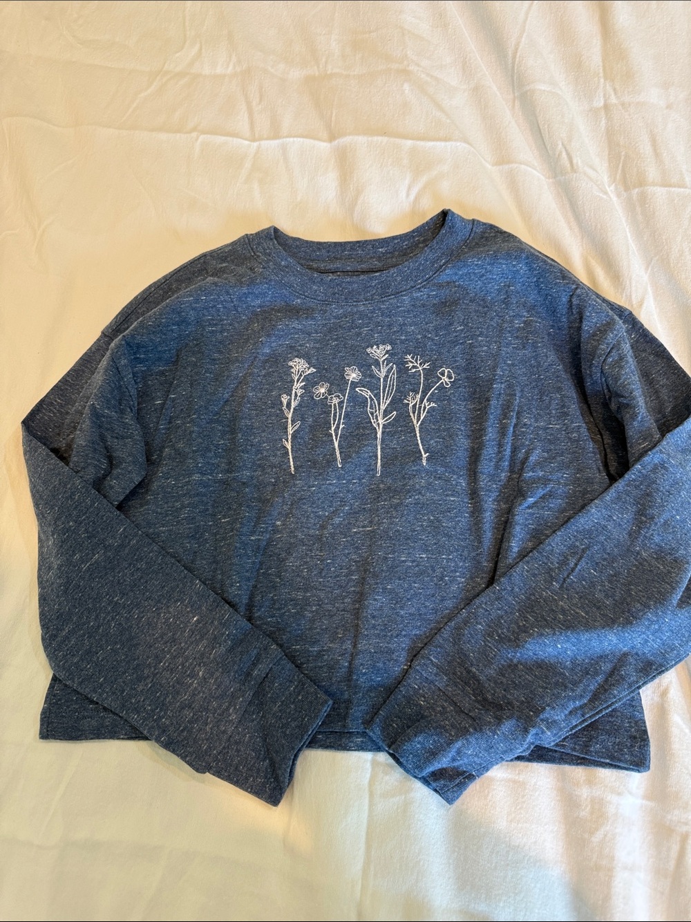 GAP Heathered Navy Blue Crewneck Sweatshirt with White Floral Line Art